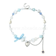 Alloy Heart Pendant Necklace with Bowknot, Plastic Pearl & Nugget & Star Heart Beaded Necklace, Light Sky Blue, 19.29 inch(49cm)(NJEW-FZ00009)