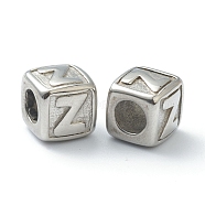 304 Stainless Steel European Beads, Large Hole Beads, Horizontal Hole, Cube with Letter, Stainless Steel Color, Letter.Z, 8x8x8mm, Hole: 4mm(STAS-H145-01Z-P)