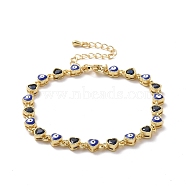 Enamel Evil Eye & Cubic Zirconia Heart Link Chain Bracelet, Golden Brass Jewelry for Women, Dark Blue, 7-1/8 inch(18.2cm)(BJEW-H555-01A)