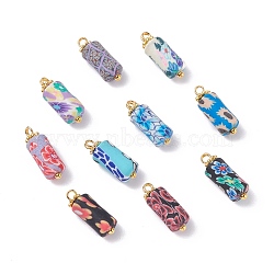 Handmade Flower Printed Polymer Clay Beads Pendants, with Brass Ball Head Pins and Tibetan Style Alloy Daisy Spacer Beads, Mixed Color, 16x6mm, Hole: 1.8mm(PALLOY-JF01148)