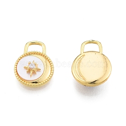 Synthetic White Shell Pendants, with Brass Pave Clear Cubic Zirconia Findings, Flat Round Charm with Star, Real 18K Gold Plated, 15.5x12x4.2mm, Hole: 4x2.5mm(KK-A165-15G)