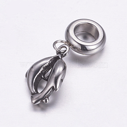 304 Stainless Steel European Dangle Charms, Large Hole Pendants, Dolphin, Antique Silver, 26mm, Hole: 5mm, Pendant: 15.5x9.5x2.5mm(OPDL-G005-09AS)