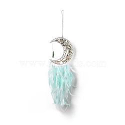 Natural Amazonite Chips Beaded Tree of Life Moon with Feather Pendant Decorations, with Iron Findings, for Garden Home Ornament, Aquamarine, 760mm(HJEW-M004-10)