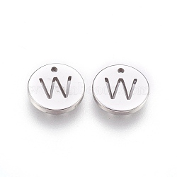 304 Stainless Steel Charms,  Flat Round with Letter, Stainless Steel Color, Letter.W, 10x1mm, Hole: 1mm(STAS-P212-15P-02)