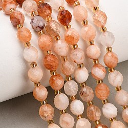 Natural Red Hematoid Quartz/Ferruginous Quartz Beads Strands, Round, Faceted, with Seed Beads, 8~9x7~8mm, Hole: 1mm, about 18~20pcs/strand, 7.48''(19cm)~7.87''(20cm)(GG-CBA4A3B-A12)