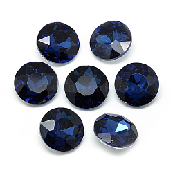 Pointed Back Glass Rhinestone Cabochons, Back Plated, Faceted, Flat Round, Prussian Blue, 10x4.5~5mm(RGLA-T029-10mm-14)