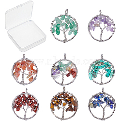 SUNNYCLUE 8Pcs 8 Colors Gemstone Pendants, with Platinum Brass Findings, Flat Round with Tree of Life, 29x5~7mm, Hole: 4.5mm, 1pc/color(G-SC0002-20P)