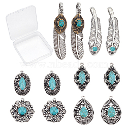 12Pcs 6 Style Tibetan Style Alloy Big Pendants, with Synthetic Turquoise, Mixed Shapes, Antique Silver, 2pcs/Style(PALLOY-SC0003-64AS)