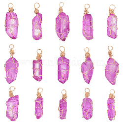 15Pcs Dyed Natural Quartz Crystal Pendants, Light Gold Plated Copper Wire Wrapped Nuggets Charms, 30~35x4~8x4~7mm, Hole: 3.8mm(PALLOY-AB00129)