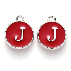 Platinum Plated Alloy Enamel Charms, Cadmium Free & Lead Free, Enamelled Sequins, Flat Round with Letter, Letter.J, 14x12x2mm, Hole: 1.5mm(X-ENAM-S118-03J-P)