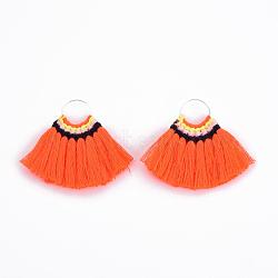Polycotton(Polyester Cotton) Tassel Pendant Decorations, with Brass Findings, Fan, Platinum, Orange Red, 40~45x48~57x3mm, Hole: 13mm(X-FIND-S287-14)