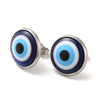 Resin Evil Eye Stud Earrings, 304 Stainless Steel Jewelry for Women, Stainless Steel Color, 16mm, Pin: 0.7mm