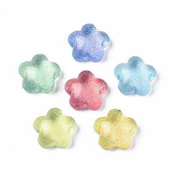 Translucent Acrylic Cabochons, with Glitter Powder, Flower, Mixed Color, 17.5x18x8mm