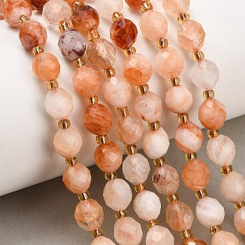 Natural Red Hematoid Quartz/Ferruginous Quartz Beads Strands, Round, Faceted, with Seed Beads, 8~9x7~8mm, Hole: 1mm, about 18~20pcs/strand, 7.48''(19cm)~7.87''(20cm)