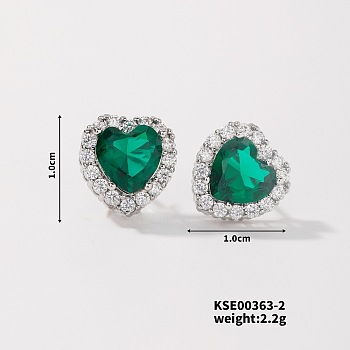 Chic Heart-shaped Stud Earrings with Delicate Diamonds, Platinum, Emerald AB, 10x10mm