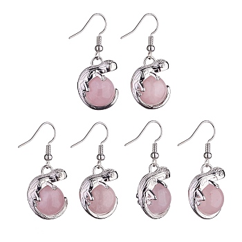 Natural Rose Quartz Chameleon Dangle Earrings with Crystal Rhinestone, Platinum Brass Jewelry for Women, 39mm, Pin: 0.7mm