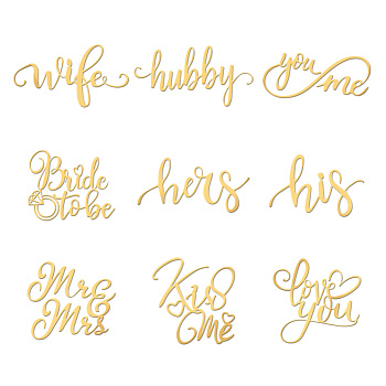 Nickel Decoration Stickers, Metal Resin Filler, Epoxy Resin & UV Resin Craft Filling Material, Golden, Wedding Theme, Word, 40x40mm, 9 style, 1pc/style, 9pcs/set