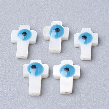 Natural Freshwater Shell Beads, Cross with Evil Eye, Dodger Blue, 13x9x3.5mm, Hole: 1mm