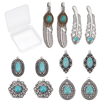12Pcs 6 Style Tibetan Style Alloy Big Pendants, with Synthetic Turquoise, Mixed Shapes, Antique Silver, 2pcs/Style