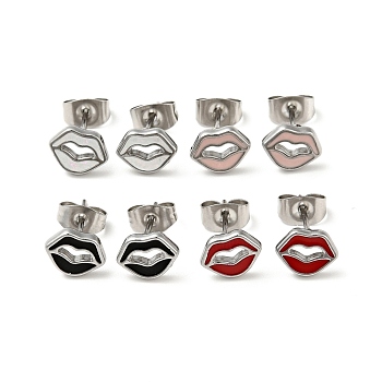 Enamel Lip Stud Earrings with 316 Surgical Stainless Steel Pins, Stainless Steel Color Plated 304 Stainless Steel Jewelry for Women, Mixed Color, 7x8.5mm, Pin: 0.8mm