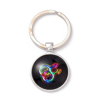 Pride Style Glass Keychain, with Platinum Plated Alloy Findings, Flat Round, Gender Symbol, 6.2cm