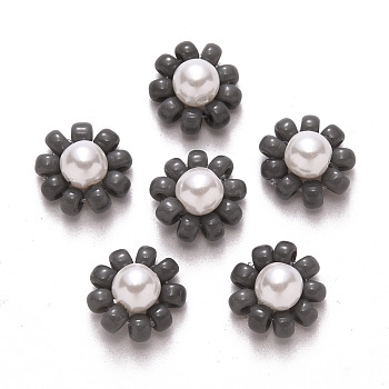 Glass Seed Beads Charms, with ABS Plastic Imitation Pearl and Golden Tone Brass Findings, Flower, Slate Gray, 10x5mm