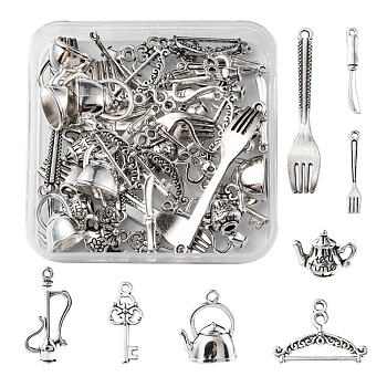 48Pcs 8 Style Tibetan Style Alloy Pendants, Kitchen Utensil Pendants, Mixed Shapes, Antique Silver, 25x3x2mm, 6pcs/style