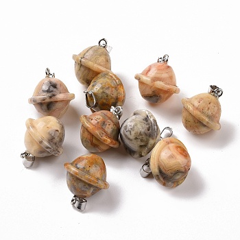 Natural Crazy Agate Pendants, Planet Charms, with Platinum Plated Alloy Snap on Bails, 19.5~21.5x18~18.5mm, Hole: 5.5x3.3mm