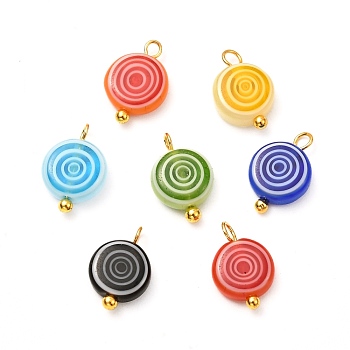Lampwork Pendants, with Handmade Millefiori Glass Charms and Brass Pins, Flat Round with Lollipop Pattern, Mixed Color, 12.5x8x3.5mm, Hole: 1mm