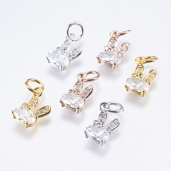 Brass Micro Pave Cubic Zirconia Bunny Charms, Cadmium Free & Lead Free, Rabbit, Mixed Color, 12x6x2.5mm, Hole: 3mm