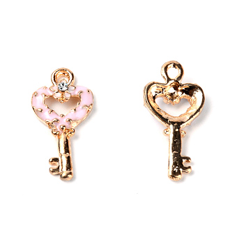 Zinc Alloy Enamel Pendants, with Rhinestone, Heart Key, Light Gold, Pink, 23x11x4mm, Hole: 2mm