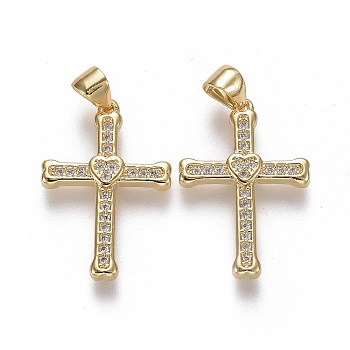 Brass Micro Pave Cubic Zirconia Pendants, Cross with Heart, Clear, Real 18K Gold Plated, 23x15.5x2.5mm, Hole: 4.5x5.5mm
