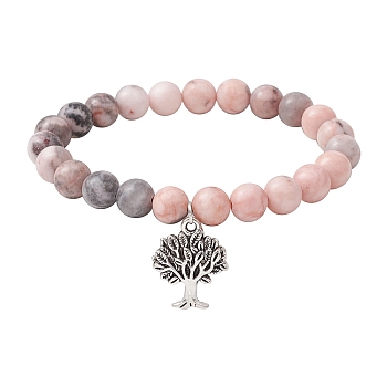 8mm Round Natural Zebra Jasper Beaded Stretch Bracelets, Tree of Life Tibetan Style Alloy Charms Bracelets for Women, Inner Diameter: 2-5/8 inch(6.6cm)