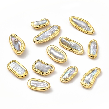 Natural Cultured Freshwater Pearl Beads, with Brass Findings, Long-Lasting Plated, Oval, Golden, 22~40x11~15x5.5~9mm, Hole: 0.6mm