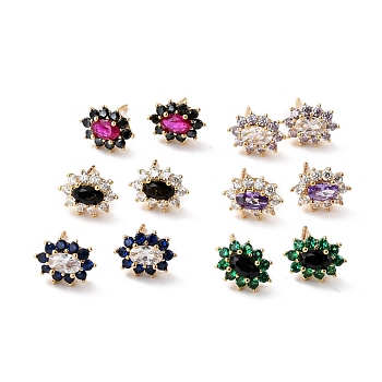 Flower Cubic Zirconia Stud Earrings for Her, Cadmium Free & Lead Free, Real 18K Gold Plated, 10x7.5x4.5mm, Pin: 0.8mm