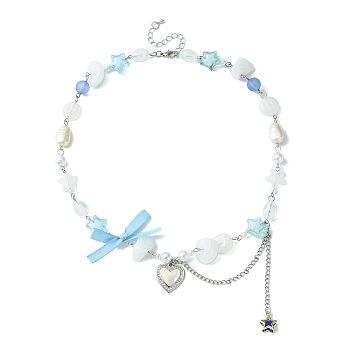 Alloy Heart Pendant Necklace with Bowknot, Plastic Pearl & Nugget & Star Heart Beaded Necklace, Light Sky Blue, 19.29 inch(49cm)