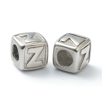 304 Stainless Steel European Beads, Large Hole Beads, Horizontal Hole, Cube with Letter, Stainless Steel Color, Letter.Z, 8x8x8mm, Hole: 4mm