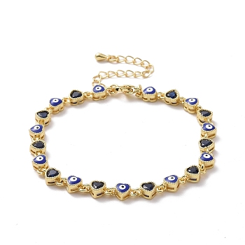 Enamel Evil Eye & Cubic Zirconia Heart Link Chain Bracelet, Golden Brass Jewelry for Women, Dark Blue, 7-1/8 inch(18.2cm)