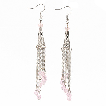 Glass Beads Tassel Earrings, with Non-Magnetic Synthetic Hematite Beads, Iron Chain, 316 Surgical Stainless Steel Bead Cones and Earring Hooks, Pink, 110~114mm, Pin: 0.6mm