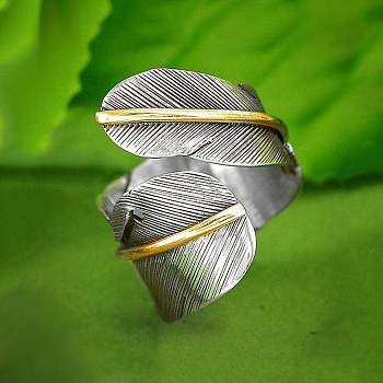 Feather Zinc Alloy Cuff Rings, Antique Silver & Golden, Inner Diameter: Adjustable