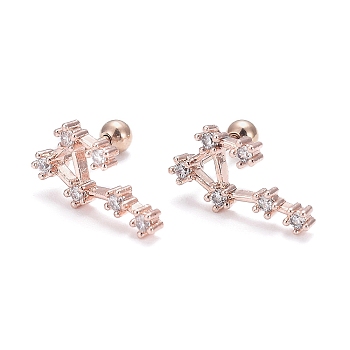 Brass Micro Pave Clear Cubic Zirconia Stud Earrings, with 304 Stainless Steel Pin and Ear Nut, Constellation/Zodiac Sign, Rose Gold, Libra, 13x7mm, Pin: 0.8mm