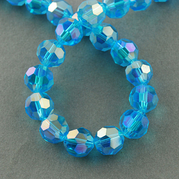 Electroplate Glass Beads Strands, AB Color Plated, Faceted(32 Facets), Round, Deep Sky Blue, 4mm, Hole: 0.5mm, about 100pcs/strand, 14.2 inch