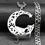 304 Stainless Steel Necklaces, Cat with Moon Pendant Necklaces, Stainless Steel Color, 20.20 inch(51.3cm)(NJEW-Q338-07P)