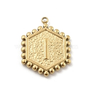 201 Stainless Steel Pendants, Golden, Hexagon with Letter Charm, Letter I, 21x16.5x2mm, Hole: 1.5mm(STAS-R227-01J-G)