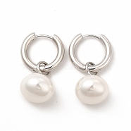 304 Stainless Steel Hoop Earring, Plastic Imitation Pearl Dangle Earring for Women, Stainless Steel Color, 31mm, Pin: 0.9mm(EJEW-C017-05P)