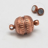 Brass Magnetic Clasps with Loops, Nickel Free, Round, Red Copper, 11x6mm, Hole: 1mm(KK-MC023-1R-NF)