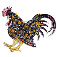 Rhinestone Rooster Brooch Pin, Chinese Zodiac Alloy Badge for Backpack Clothes, Gold, 65x50mm(ZODI-PW0001-123B)
