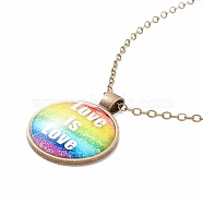 Rainbow Pride Necklace, Love is Love Word Flat Round Pendant Necklace for Men Women, Antique Bronze, Word, 20.08 inch(51cm) (NJEW-F290-01B)
