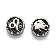 304 Stainless Steel Beads, Flat Round with Twelve Constellations, Antique Silver, Leo, 10x4mm, Hole: 1.8mm(STAS-H156-01F)