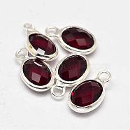 Oval Faceted Silver Color Plated Brass Glass Charms, Dark Red, 12x7x3.5mm, Hole: 1mm(GLAA-O015-03S)